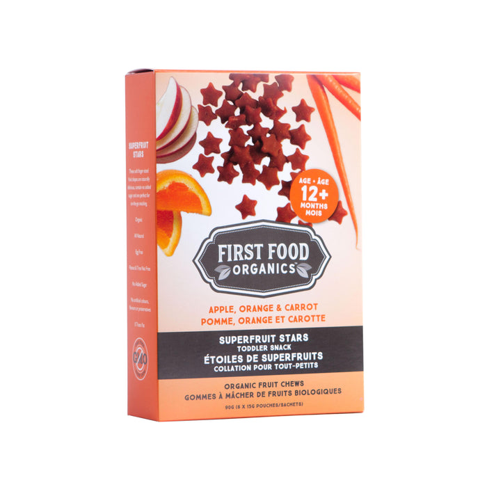 Collation pour tout-petit Superfruit en étoile biologique - Pomme, orange et carotte - First Food Organics - 90g
